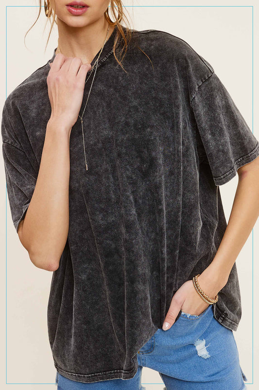 Mineral Washed Oversized Short Sleeve Basic Top- Charcoal