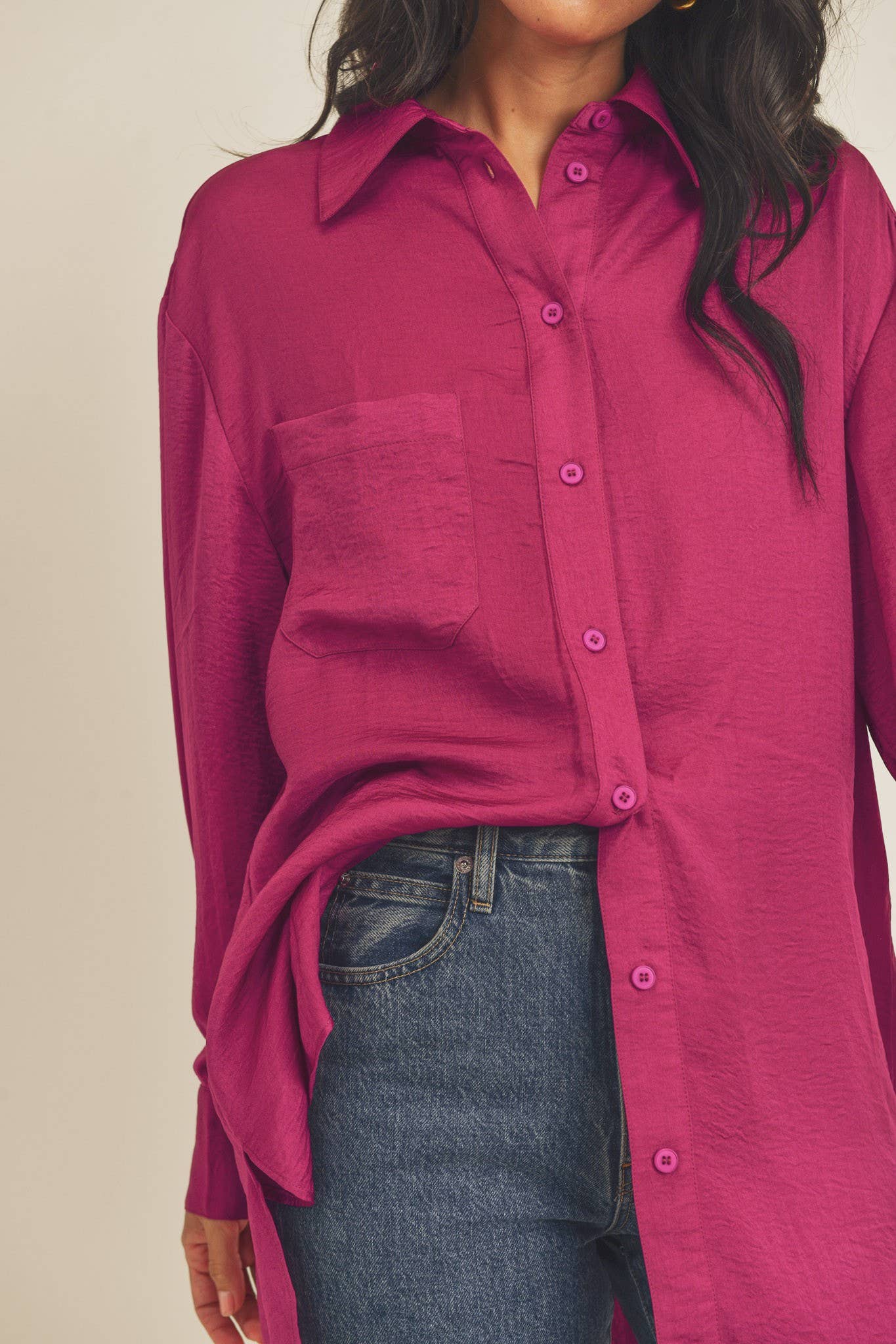 Oversized Button Down Tunic Shirt | Women’s Collared High-Low Top