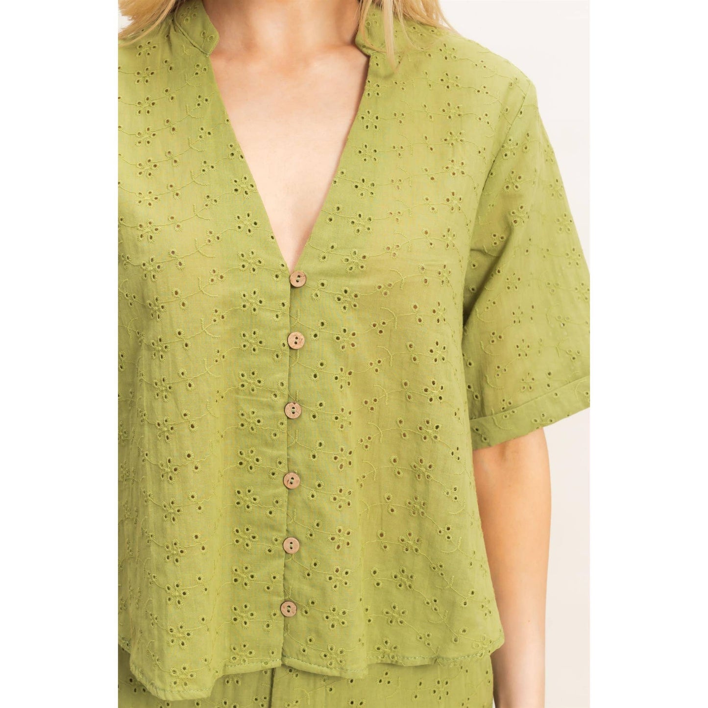 Floral Eyelet Mandarin Collar Top
