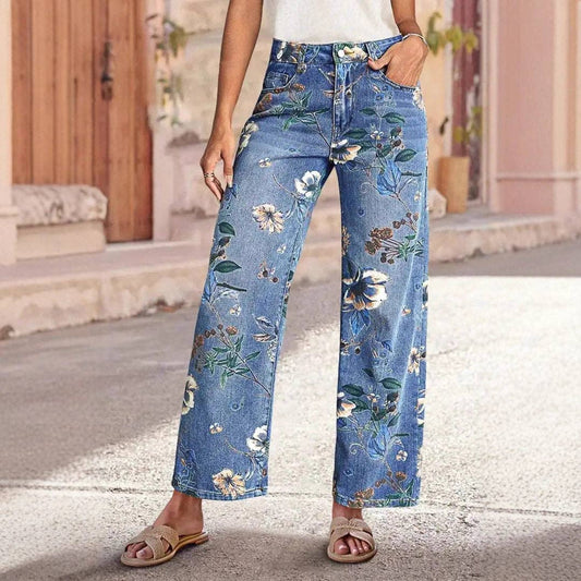 PREORDER- Floral Print High-Waisted Wide Leg Jeans – Light & Dark Blue
