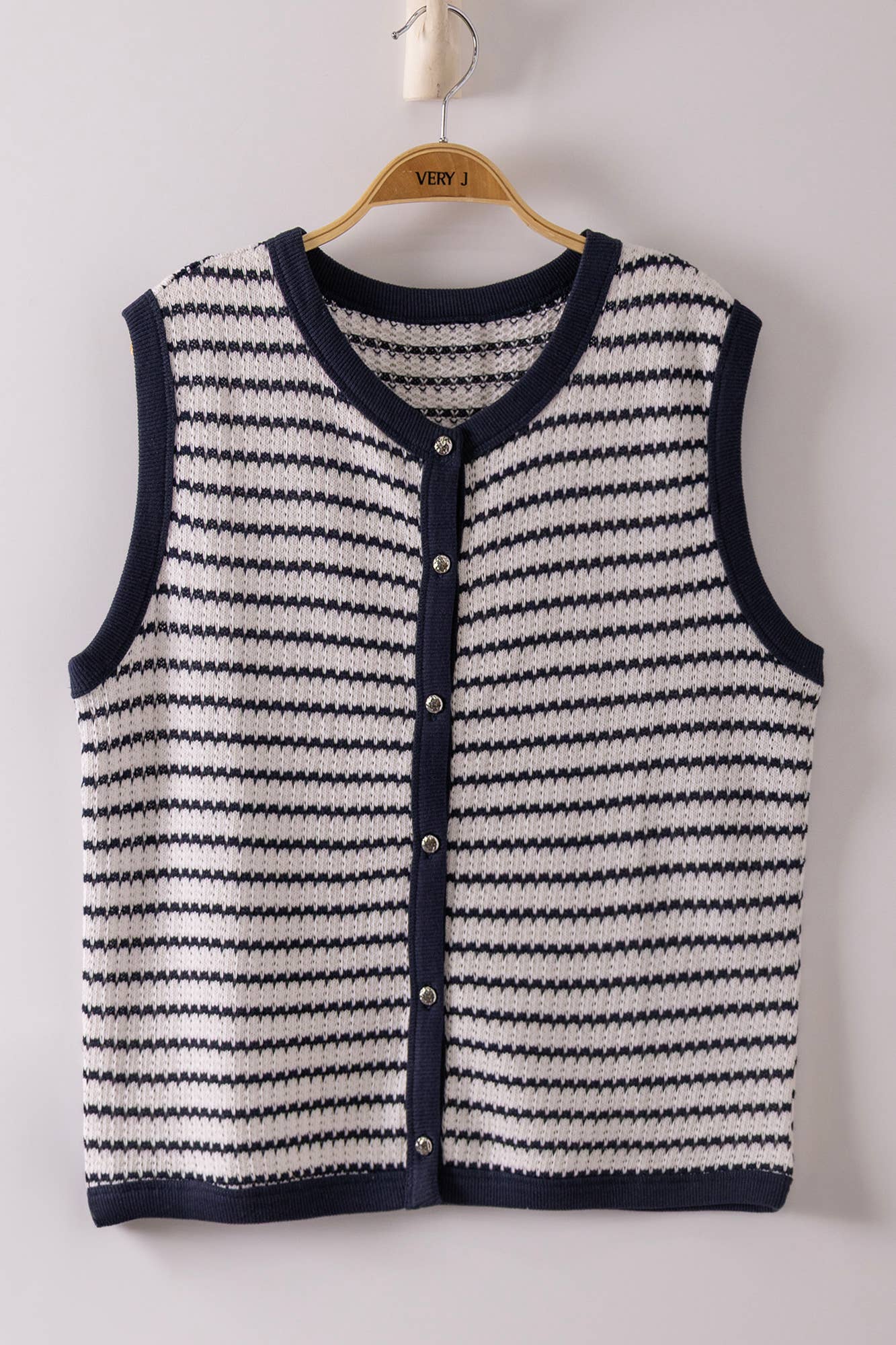 Navy & Ivory Striped Button Front Sweater Vest