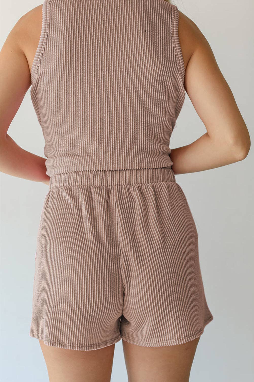 Corded Sleeveless Top and Pocketed Shorts Set- Beige