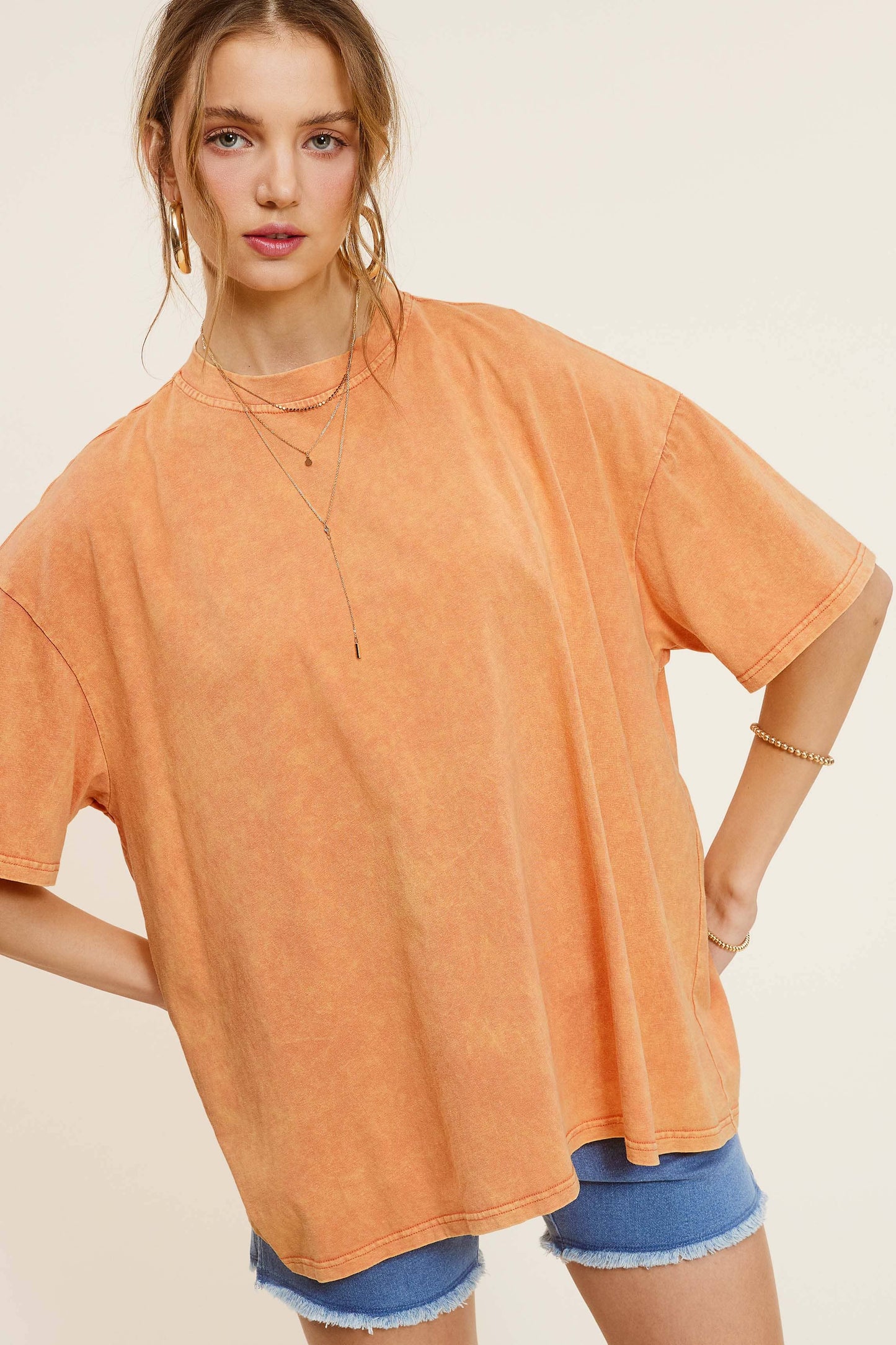 Mineral Washed Oversized Short Sleeve Basic Top- Fanta