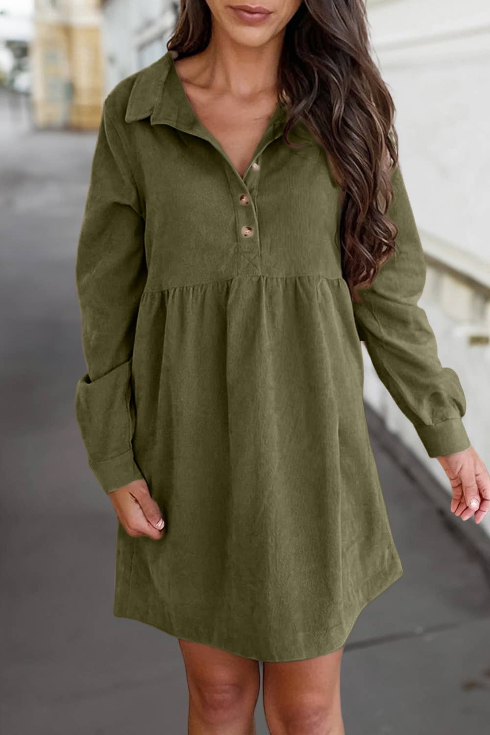 Corduroy Half Button Collared Long Sleeve Dress | Olive Green