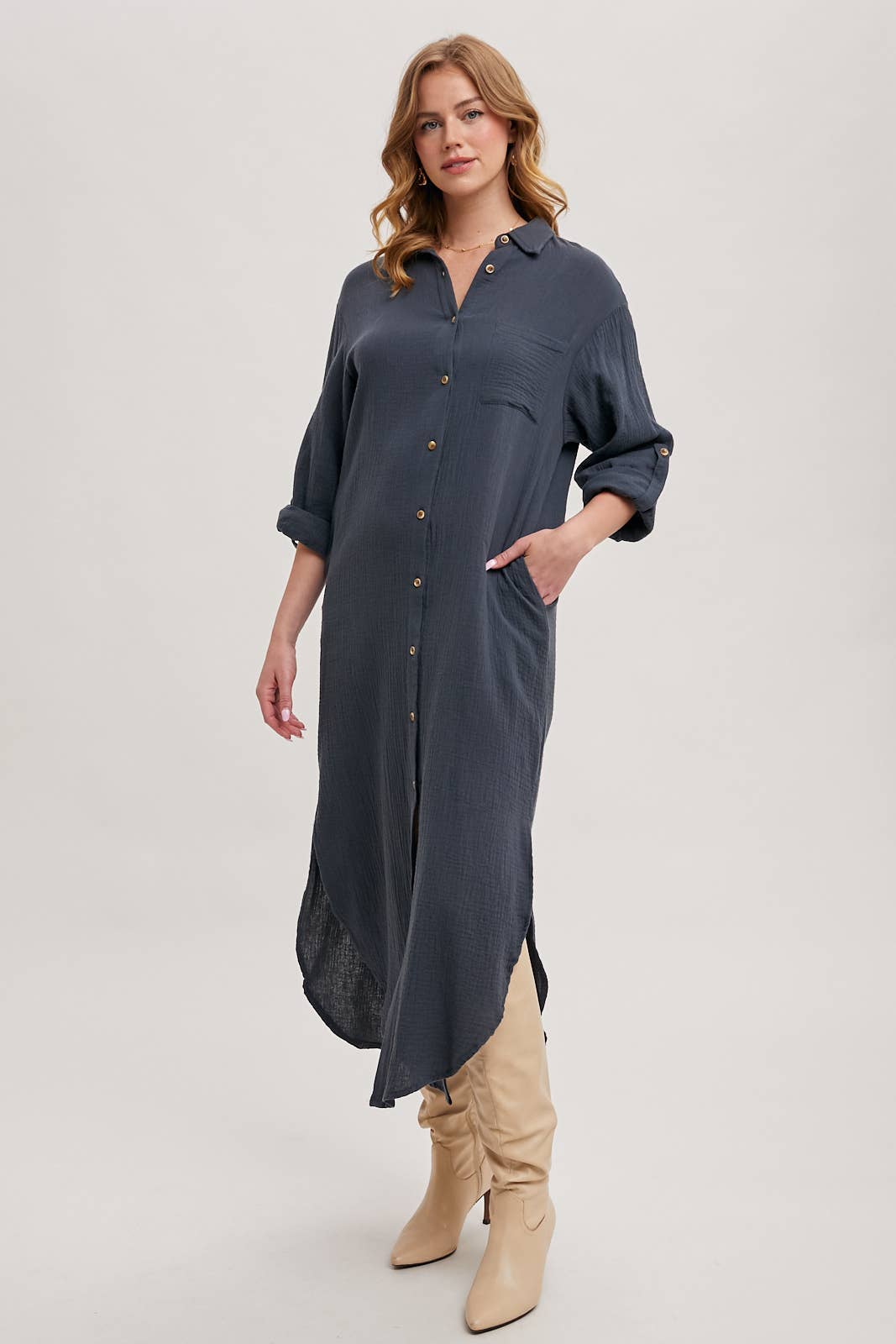 Textured Button-Up Maxi Dress | Collared Woven Dress with Pockets