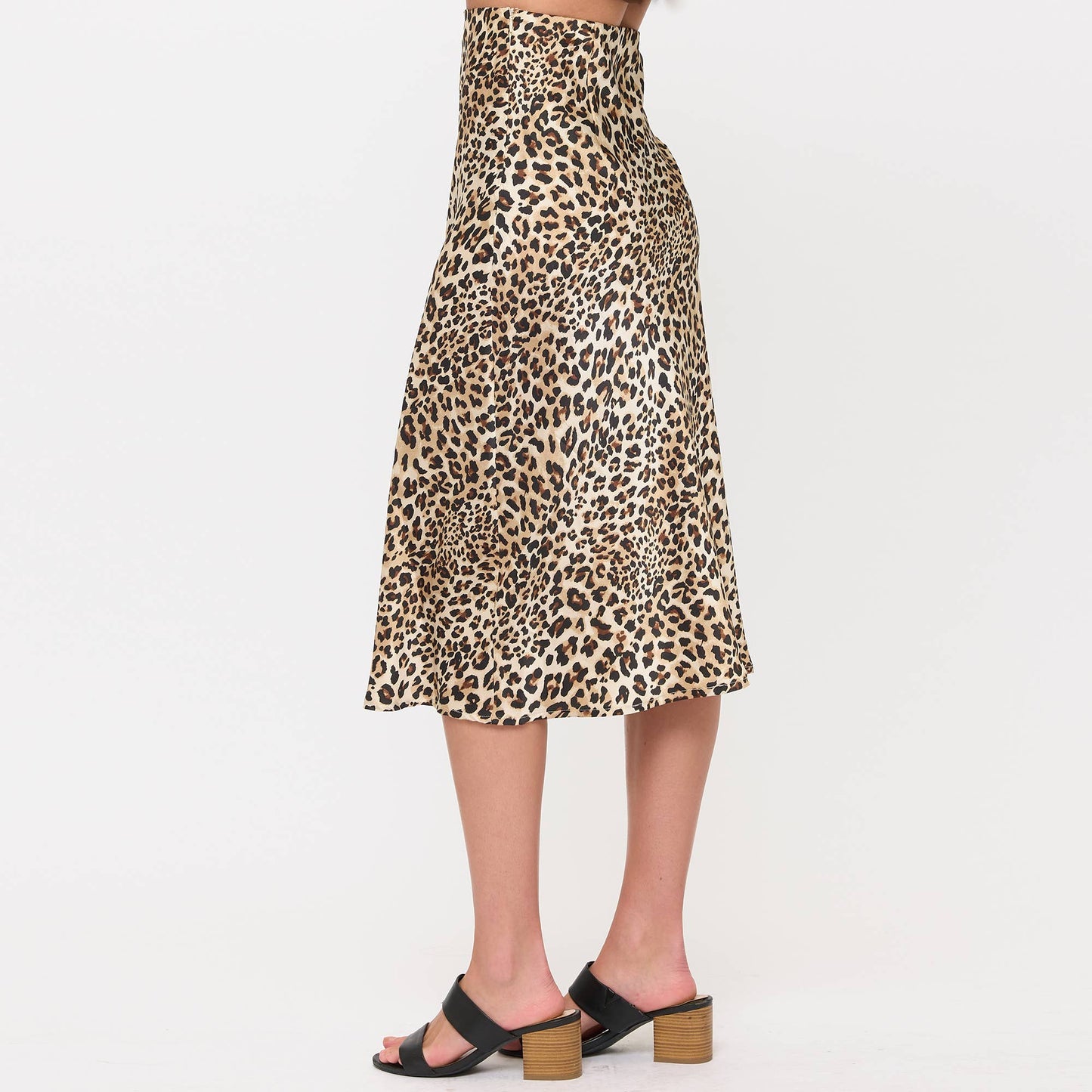 Satin Midi Slip Skirt with Waistband- Leopard