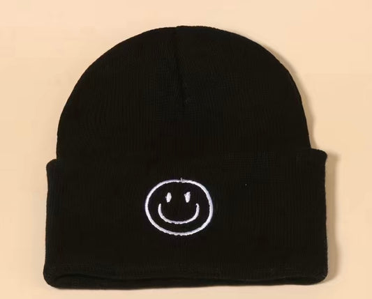 Black Knit Smiley Face Beenie