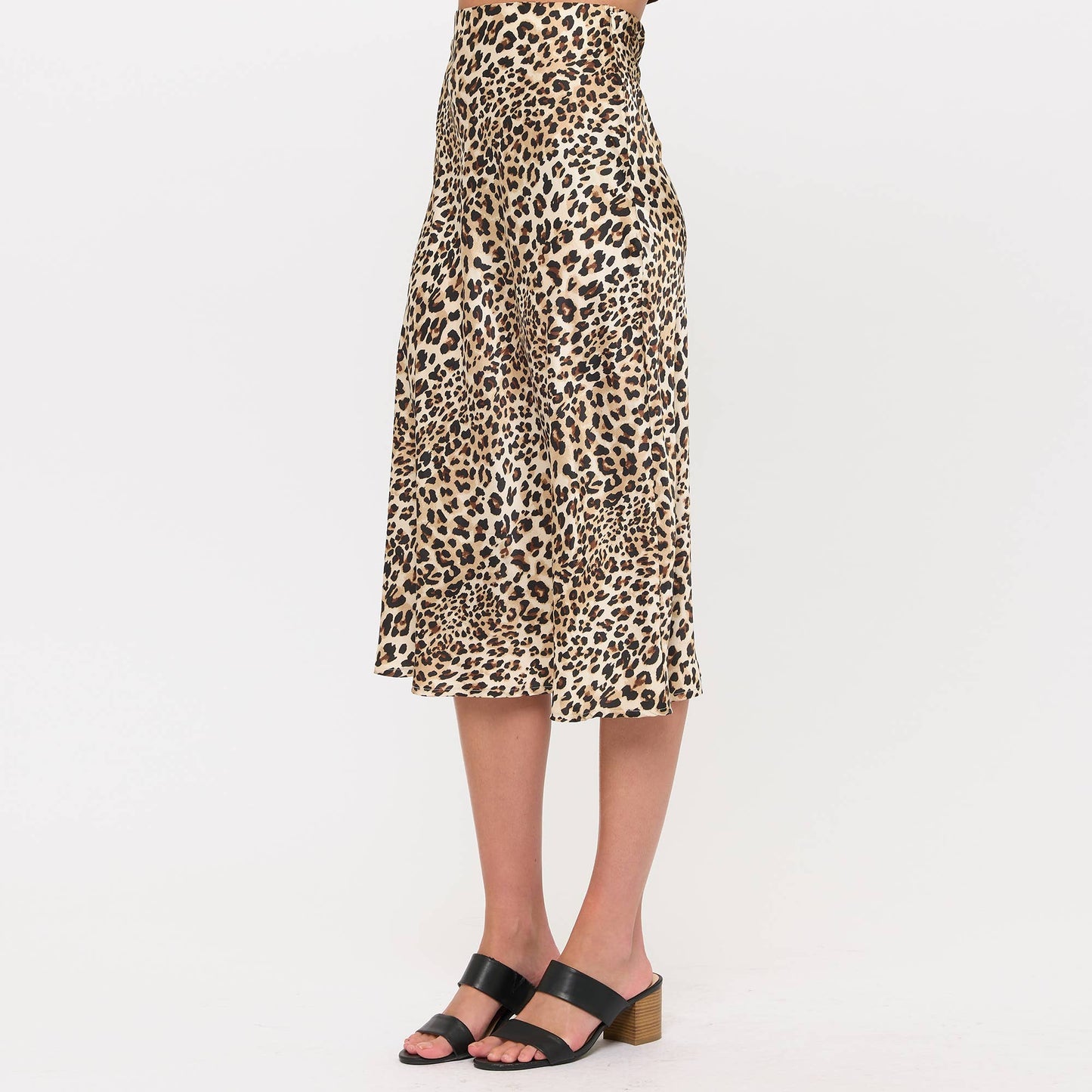 Satin Midi Slip Skirt with Waistband- Leopard