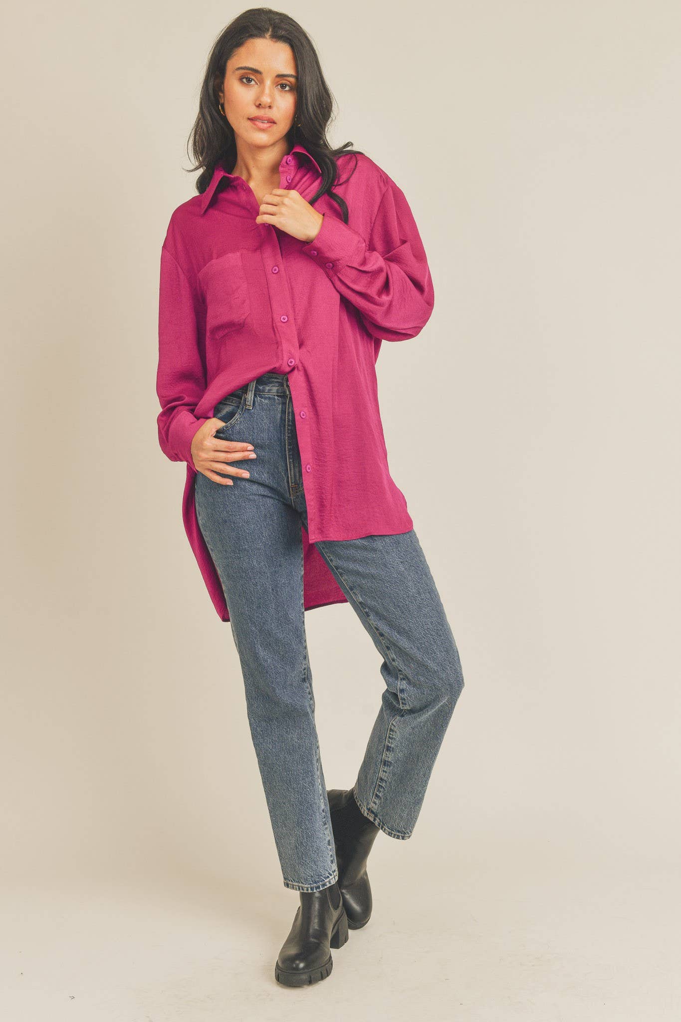 Oversized Button Down Tunic Shirt | Women’s Collared High-Low Top