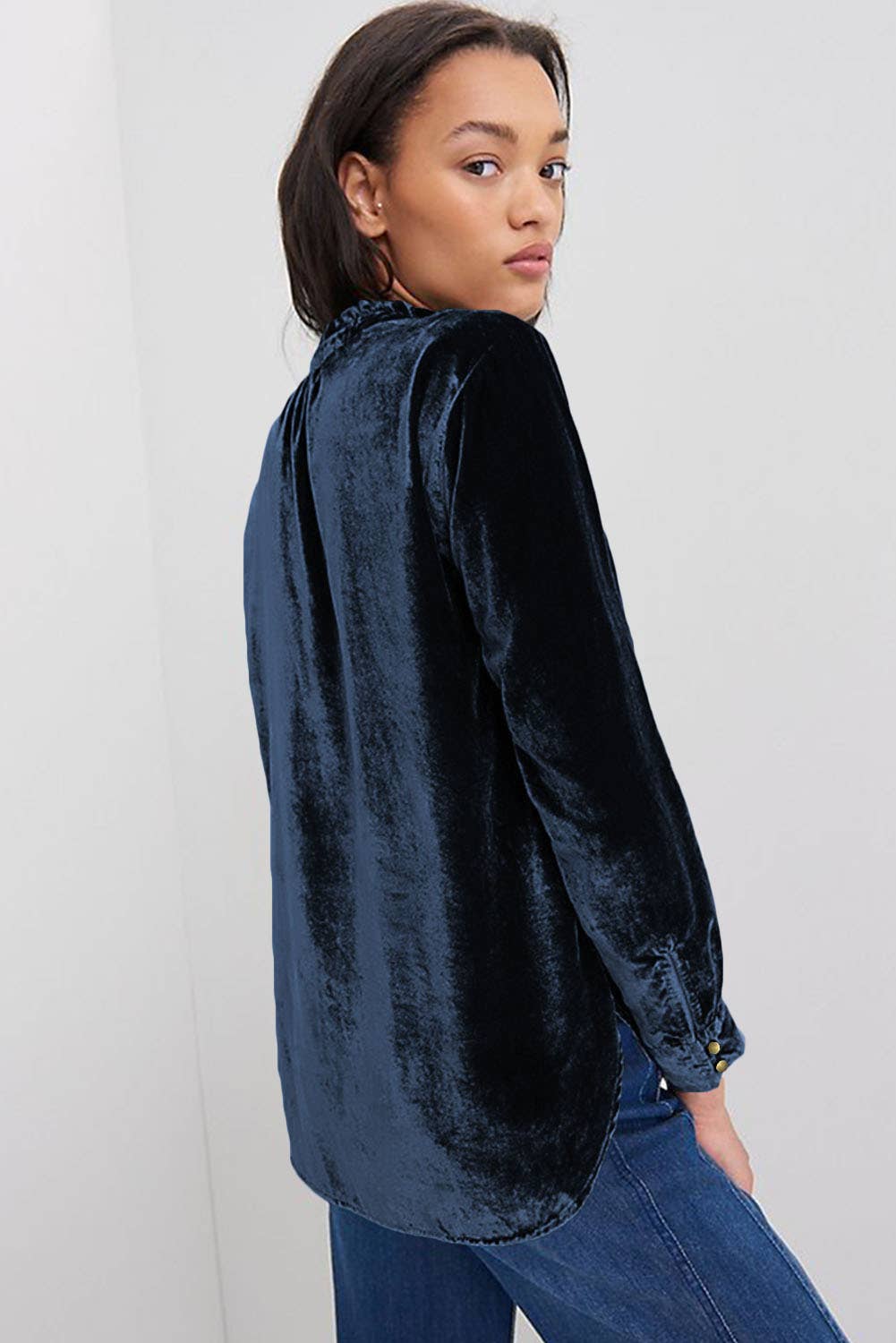 Ruffled Collar Button Front Velvet Blouse: Navy Blue