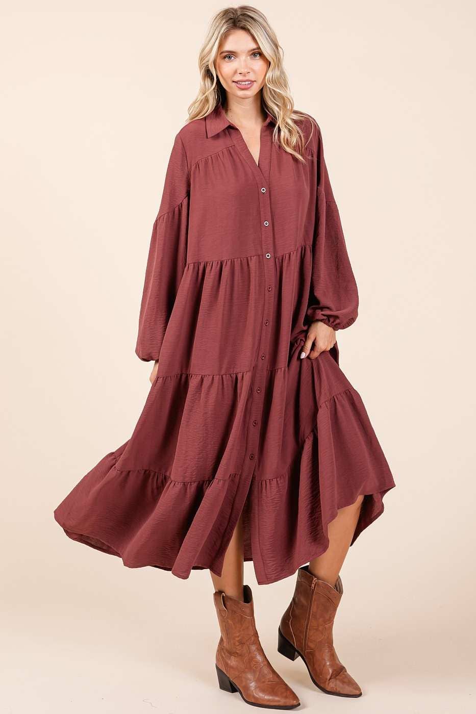 Airflow Button Down Long Sleeve Tiered Dress- Sienna