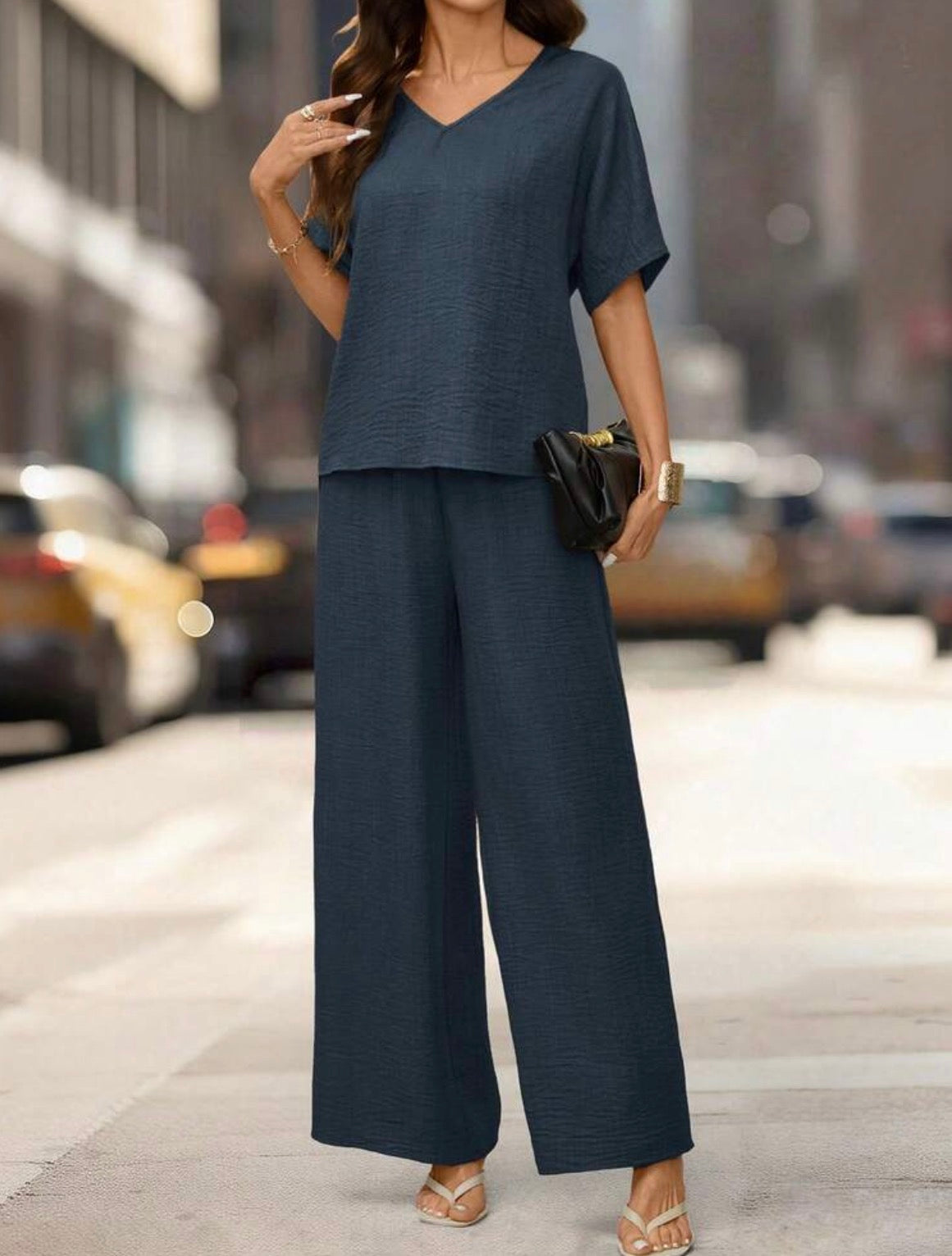 V-Neck Short Sleeve Top & Wide-Leg Pants Set