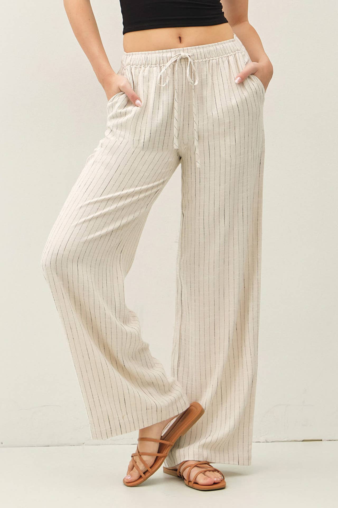 Cream Pinstripe Linen Blend Wide Leg Pants