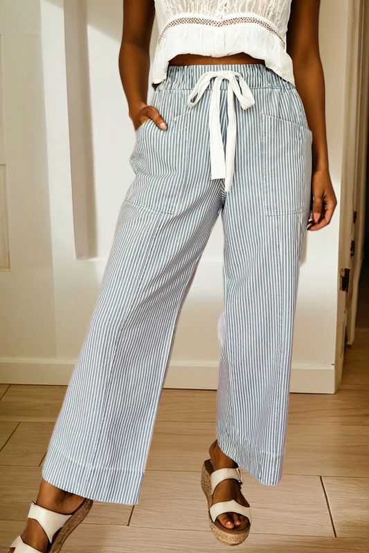 Stripe Mid Rise Drawstring Waist Denim Jeans