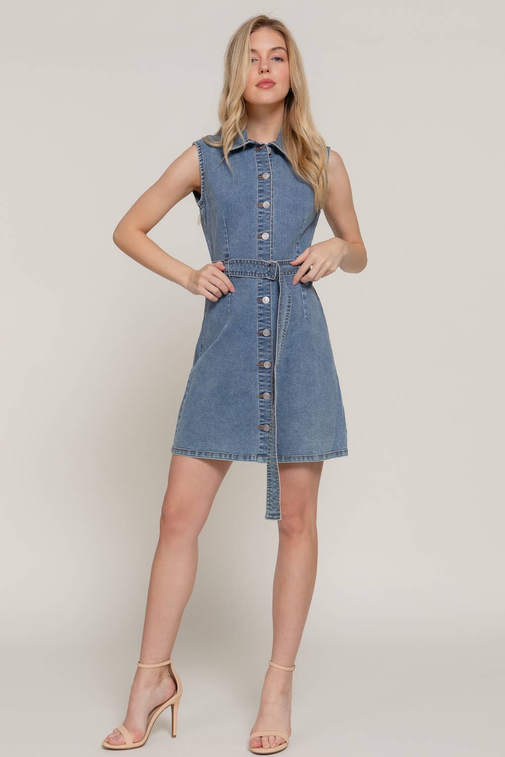 Sleeveless Button-Front Denim Dress