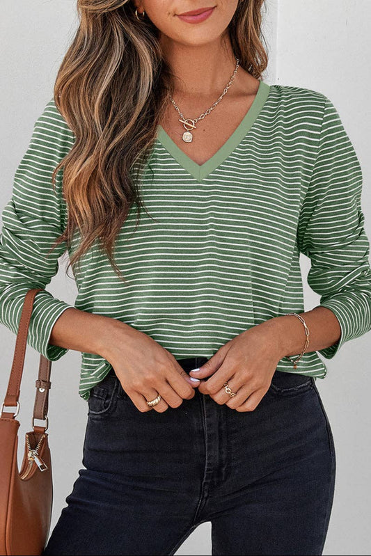 Stripe V-Neck Long Sleeve Top- Green