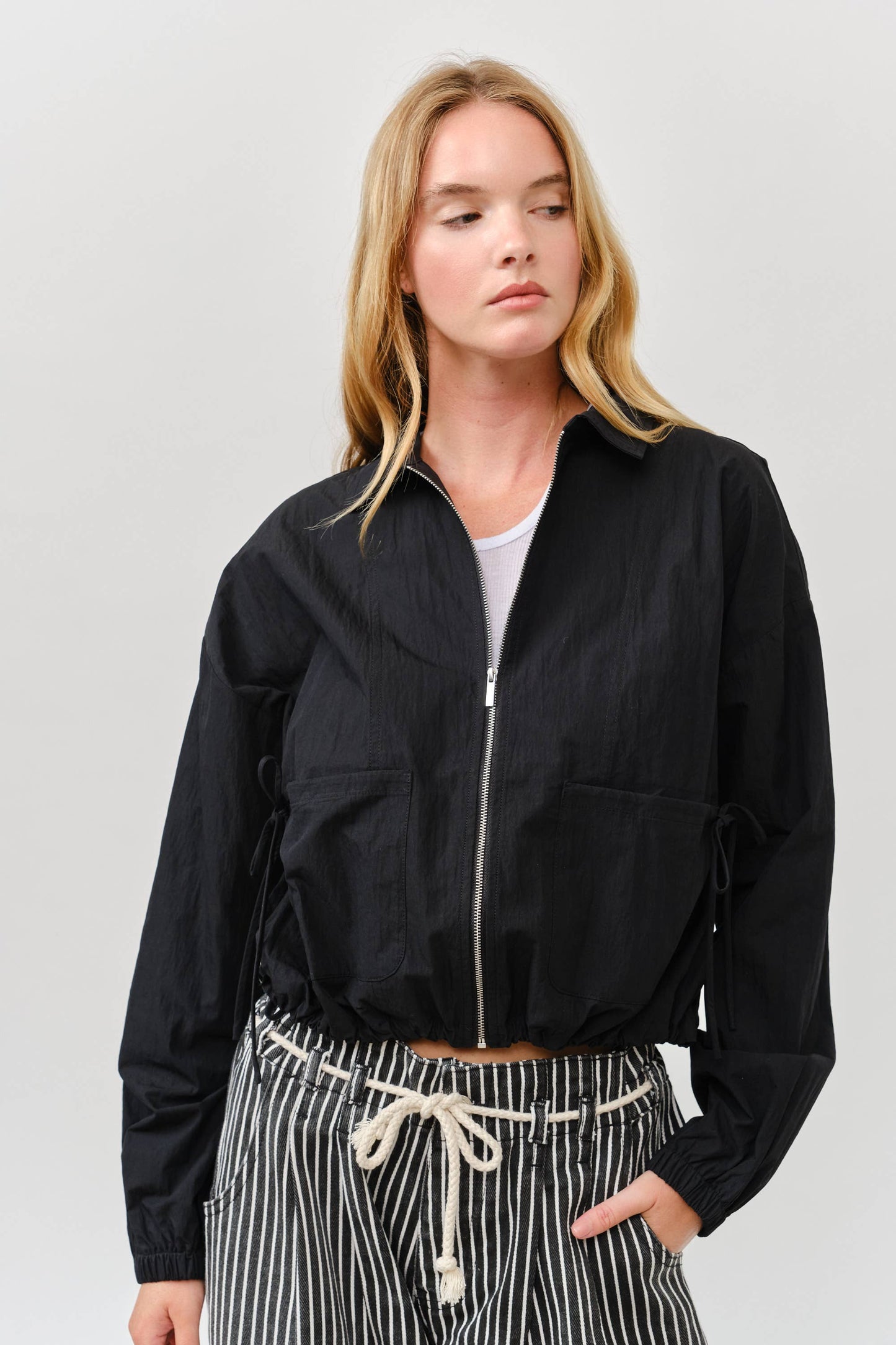 Windbreaker Shirring Ribbon Detail Bomber Jacket