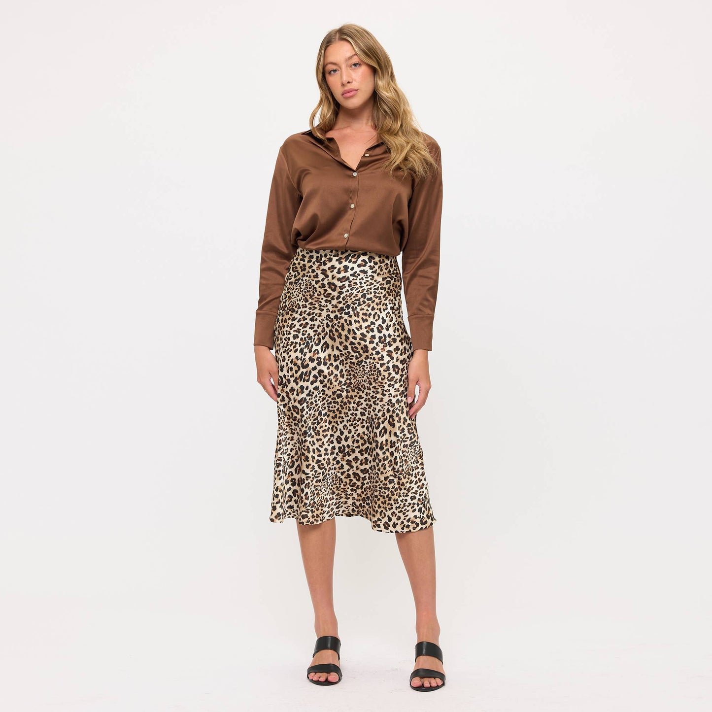 Satin Midi Slip Skirt with Waistband- Leopard