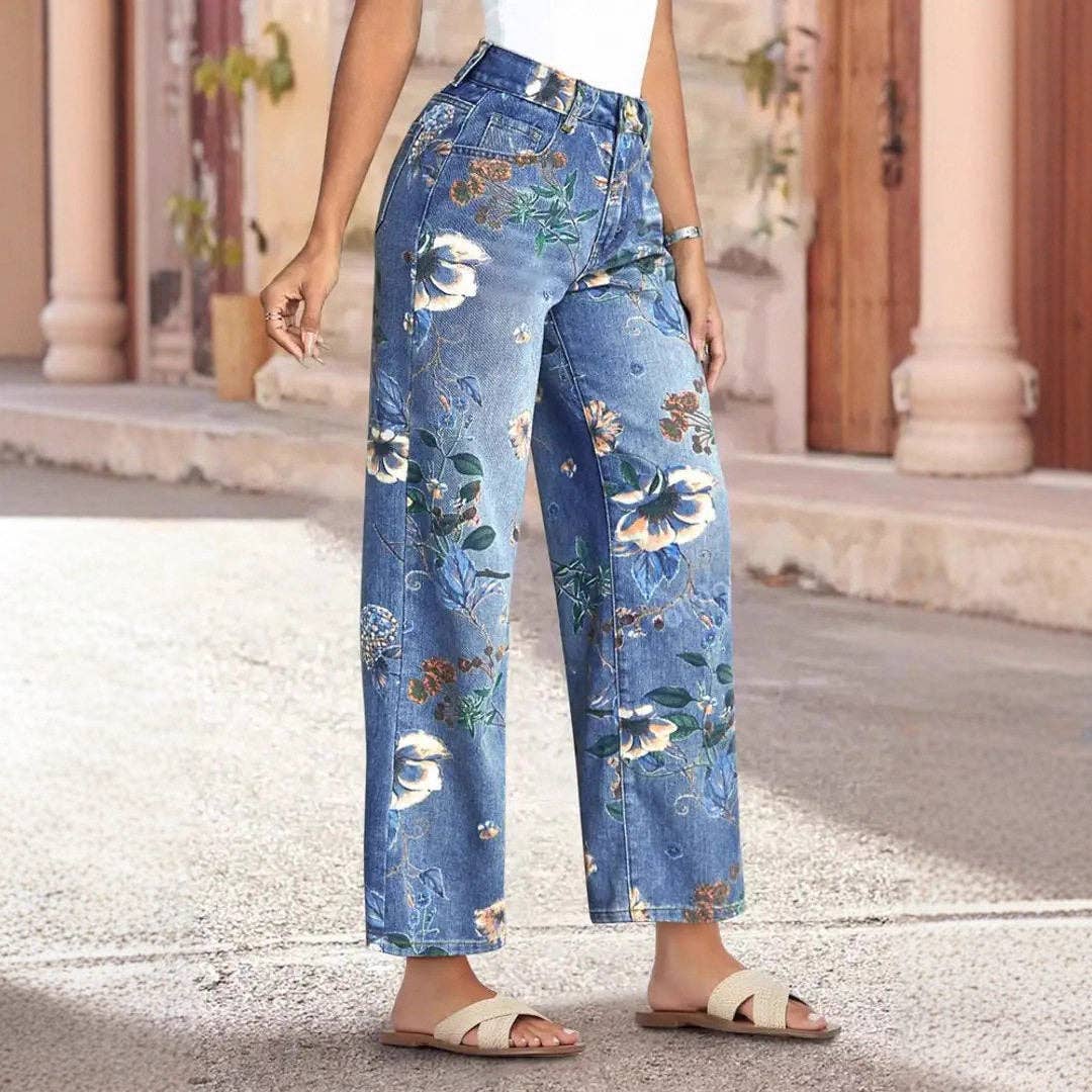 PREORDER- Floral Print High-Waisted Wide Leg Jeans – Light & Dark Blue
