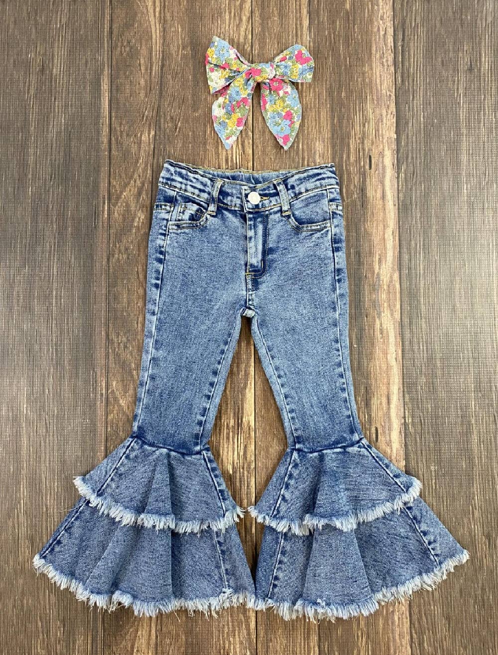 Frayed Double Bell Bottom Blue Jeans