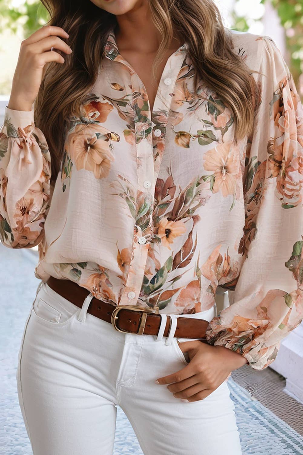 Floral Puff Sleeve Button Down Shirt