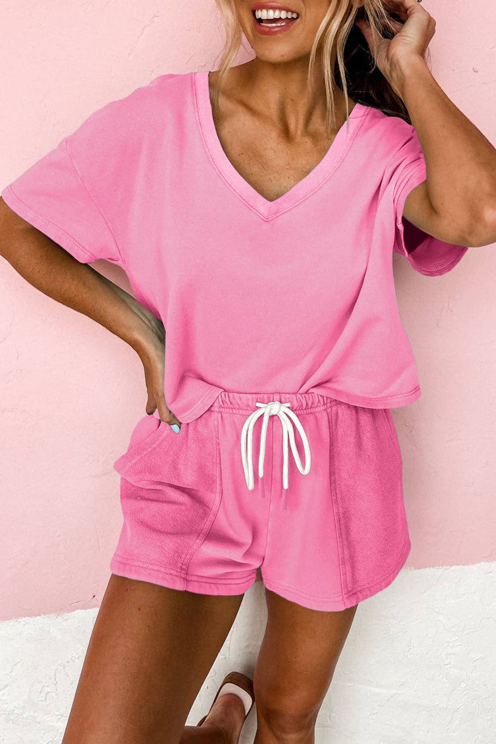 Mint Green V Neck Drop Shoulder Tee and Patchwork Drawstring Shorts Set: Mint Green