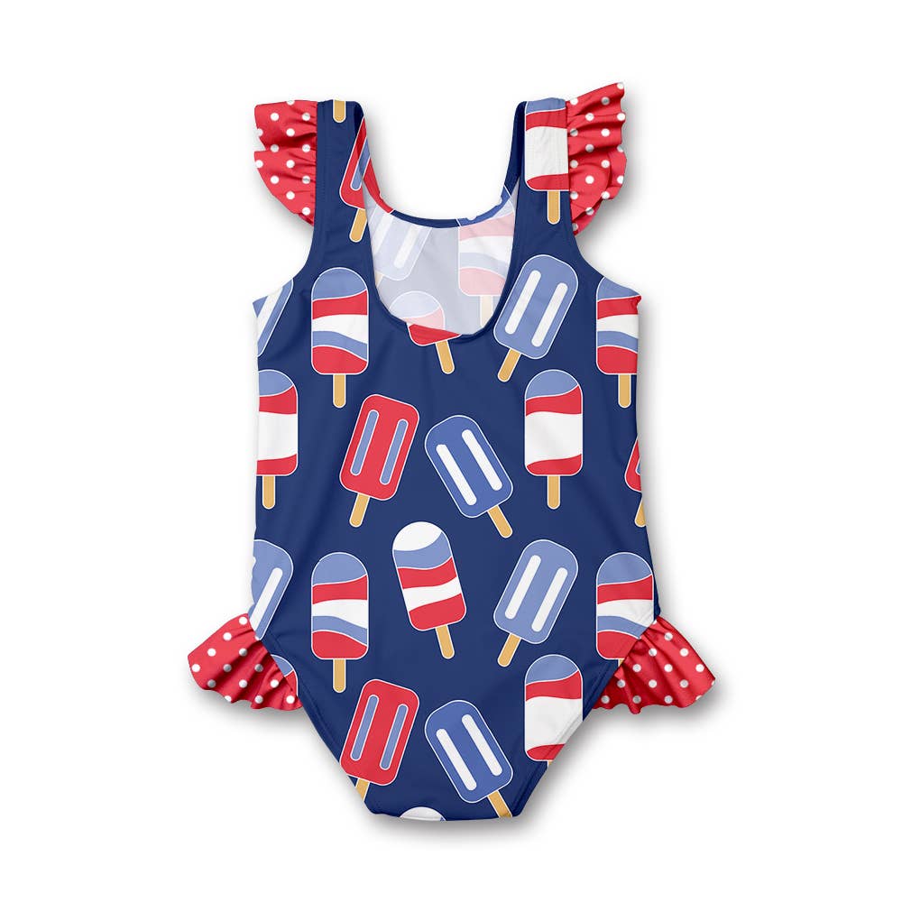 Girls Swim Navy Popsicles Ruffle-Accent One-Piece