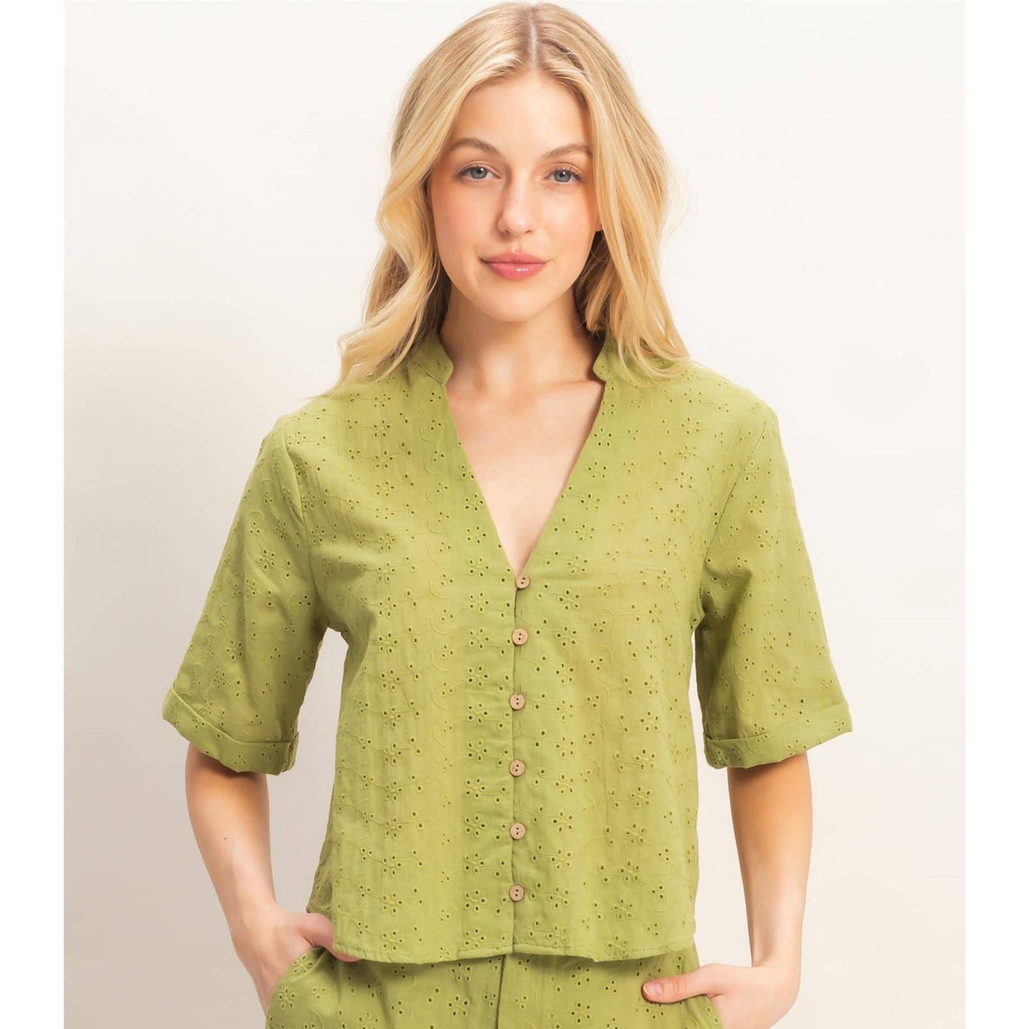Floral Eyelet Mandarin Collar Top