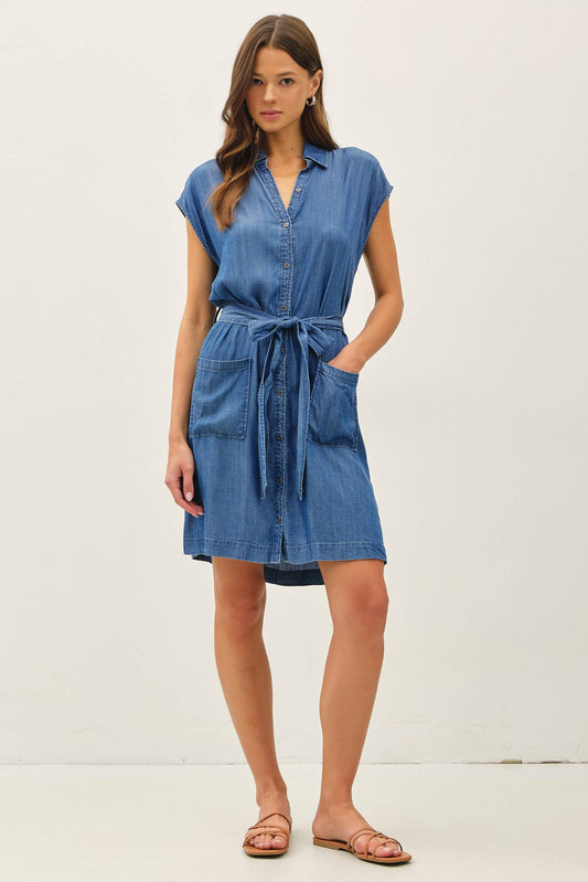 Denim Button Front Tie Waist Shirt Dress