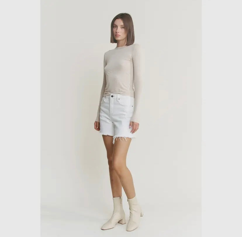 High Rise Distressed Raw Hem White Denim Shorts