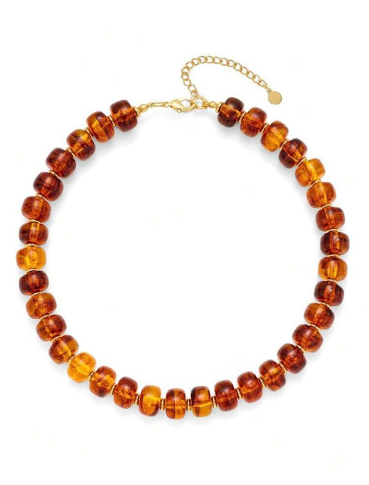 Amber Tortoise Beaded Necklace with Gold Accents