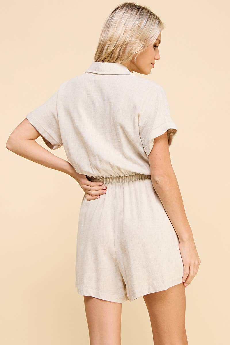 Linen Blend Tie Waist Romper