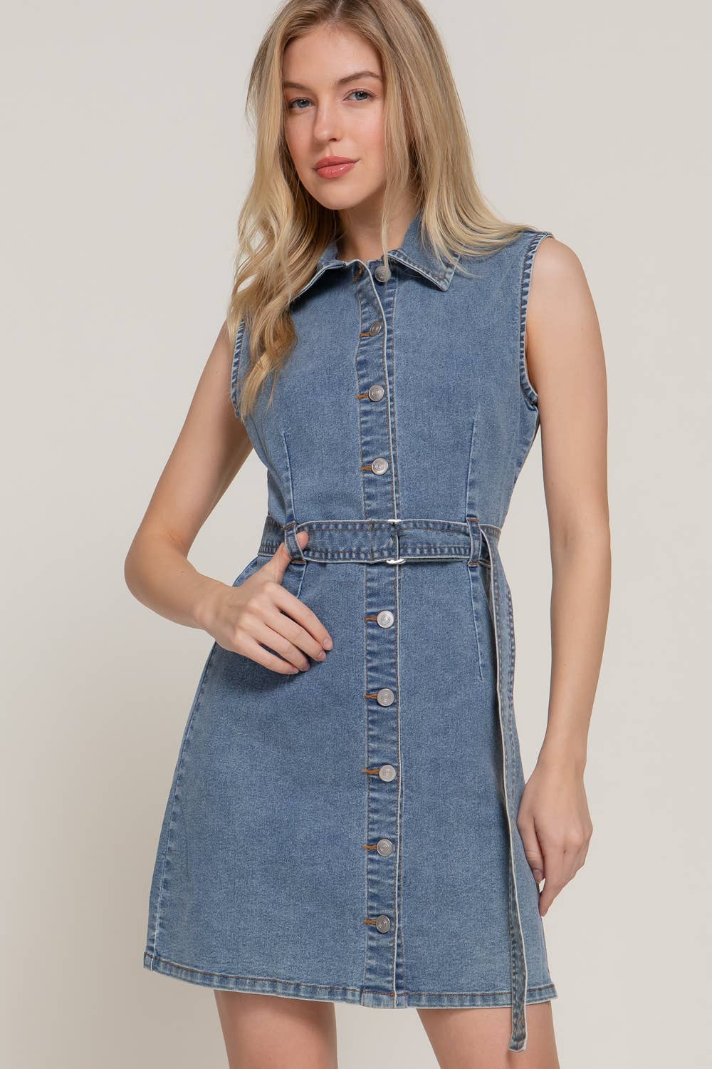 Sleeveless Button-Front Denim Dress