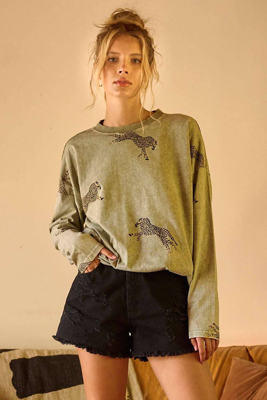 Mineral Wash Long Sleeve Cheetah Print Shirt