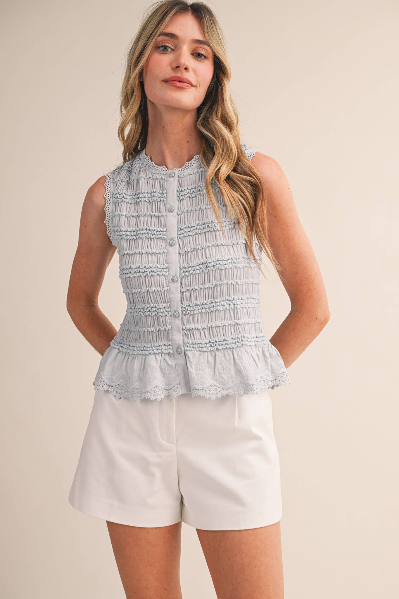 Soft Blue Smocked Lace Trim Top