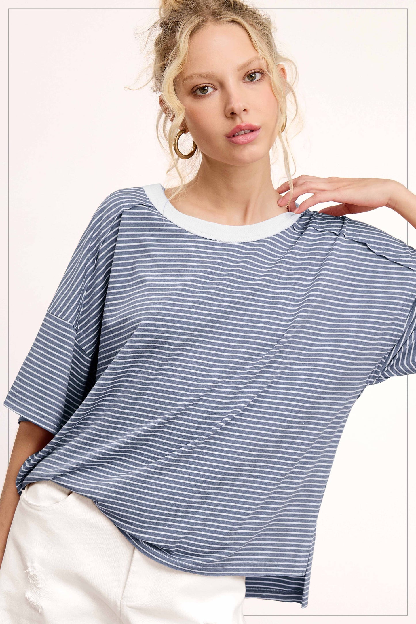 Basic Striped Drop Shoulder Short Sleeves Top: Denim Blue