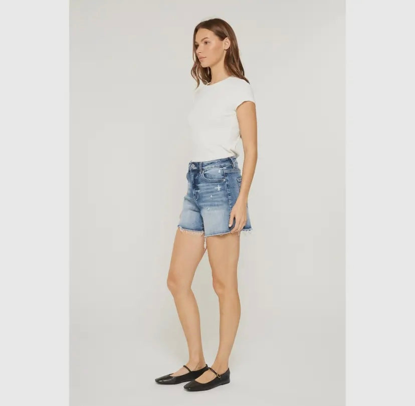 High Raw Hem Mid Length Denim Shorts