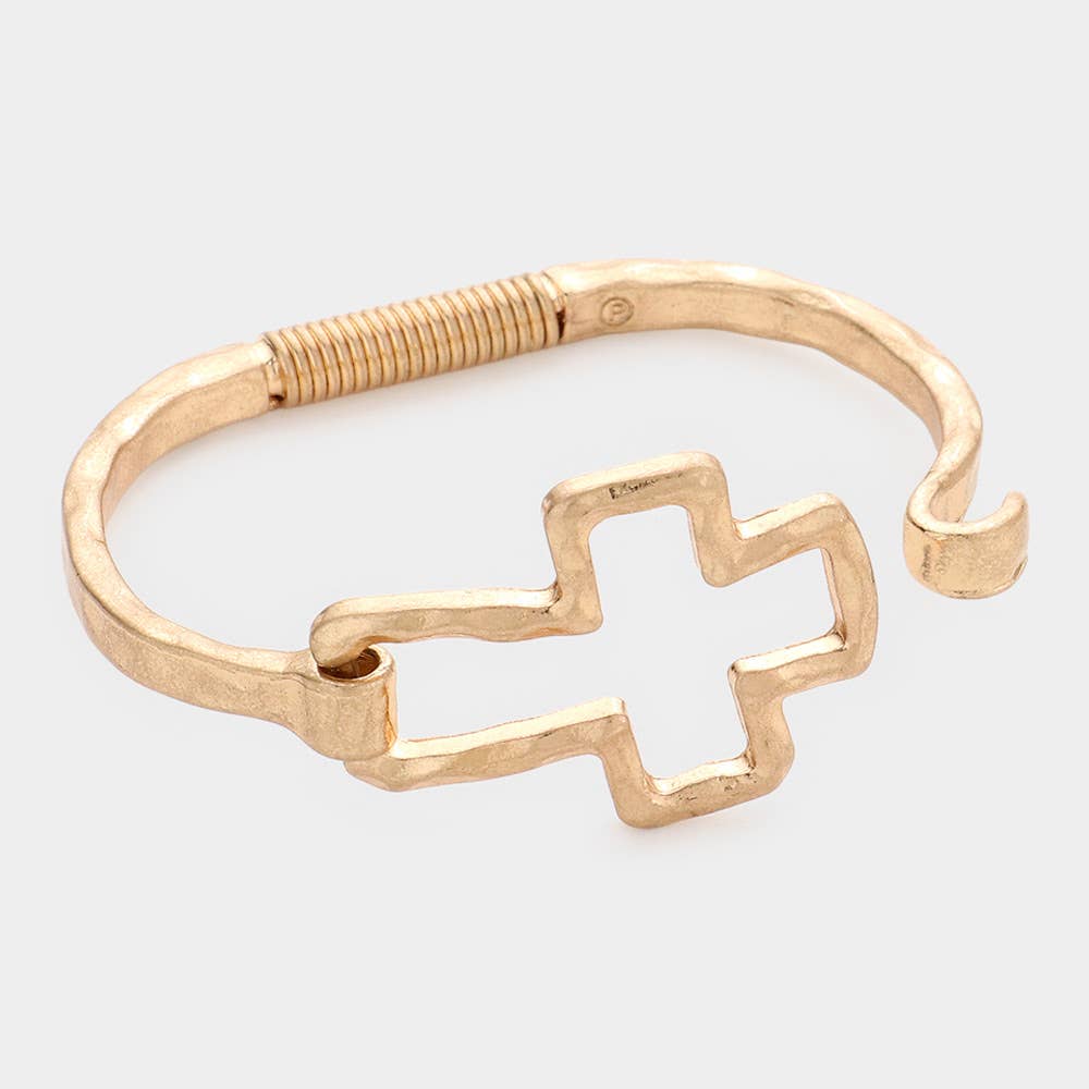 Hammered Open Metal Cross Hook Bracelet: Worn Gold