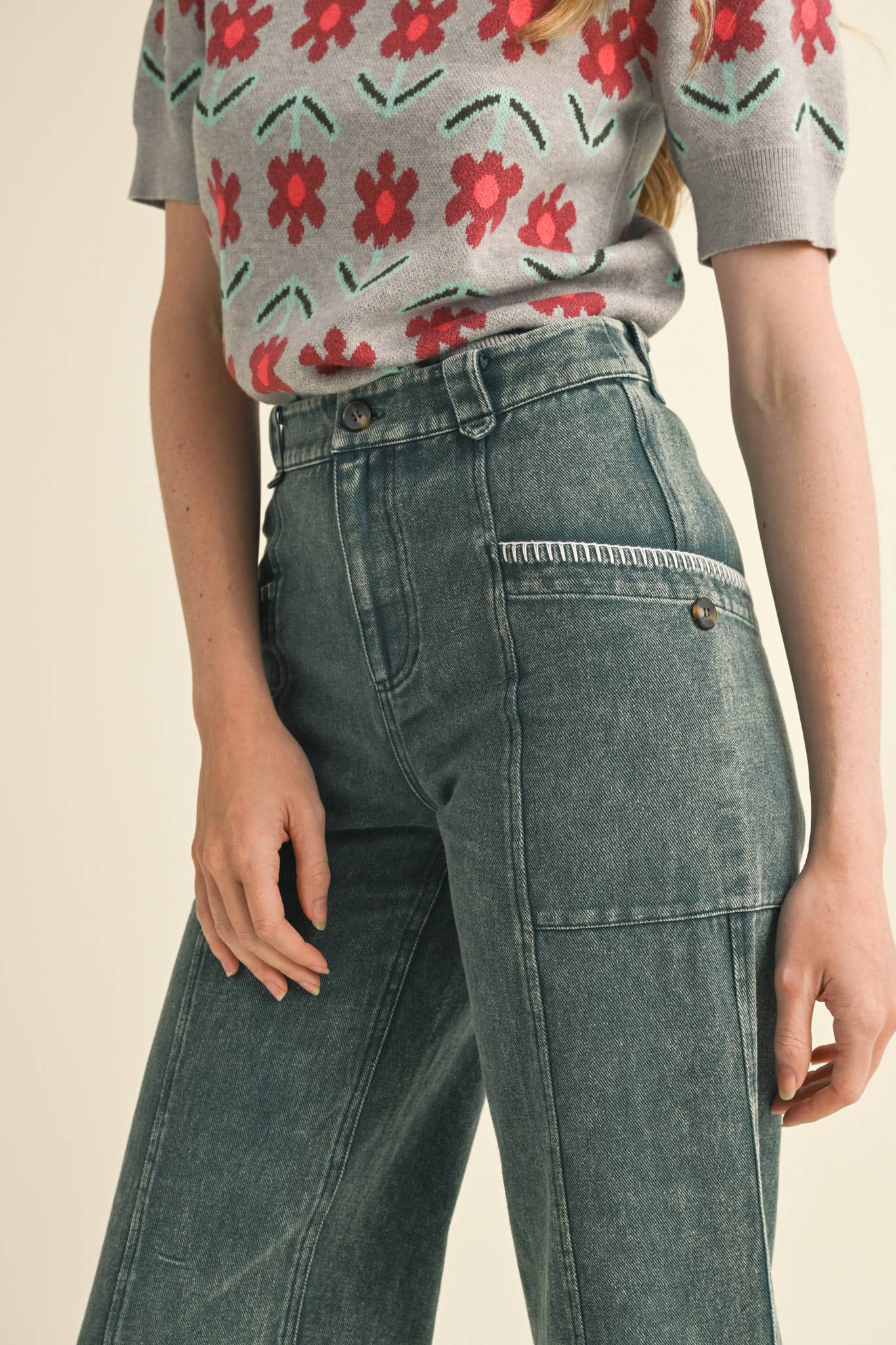 Scallop Stitch Straight Leg Pants: Hunter Green