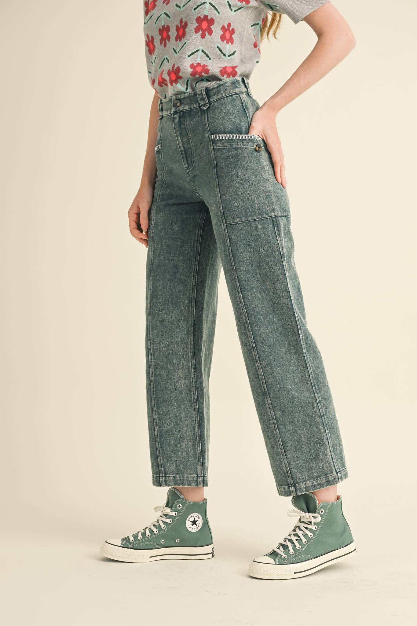Scallop Stitch Straight Leg Pants: Hunter Green