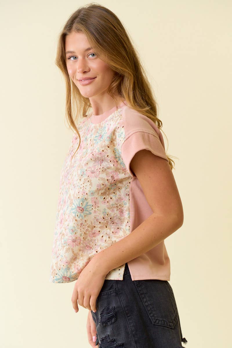 Floral Embroidery & Terry Mix Tee