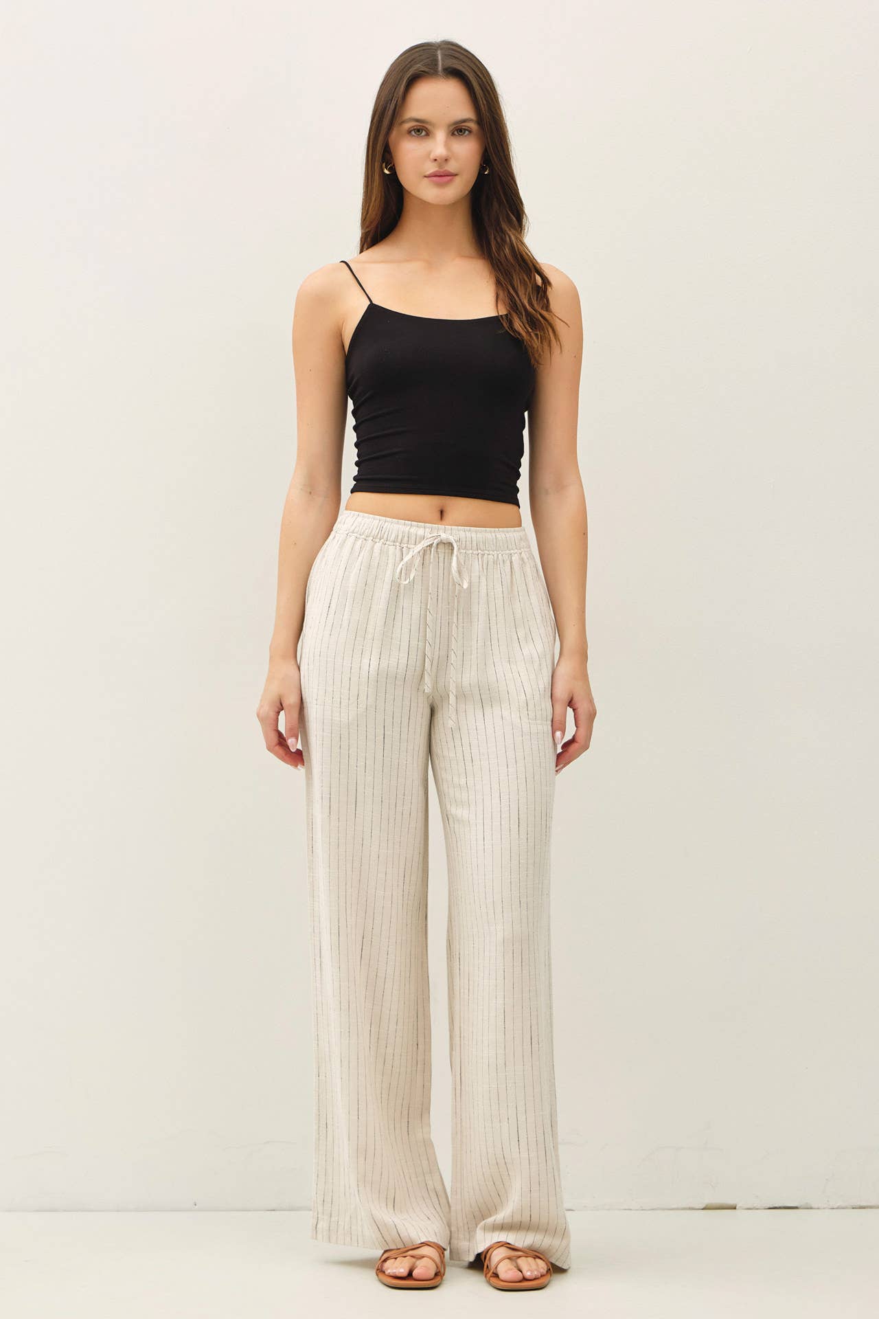 Cream Pinstripe Linen Blend Wide Leg Pants