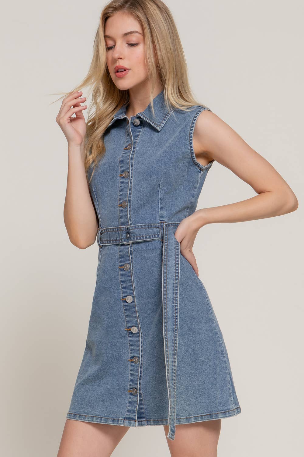 Sleeveless Button-Front Denim Dress