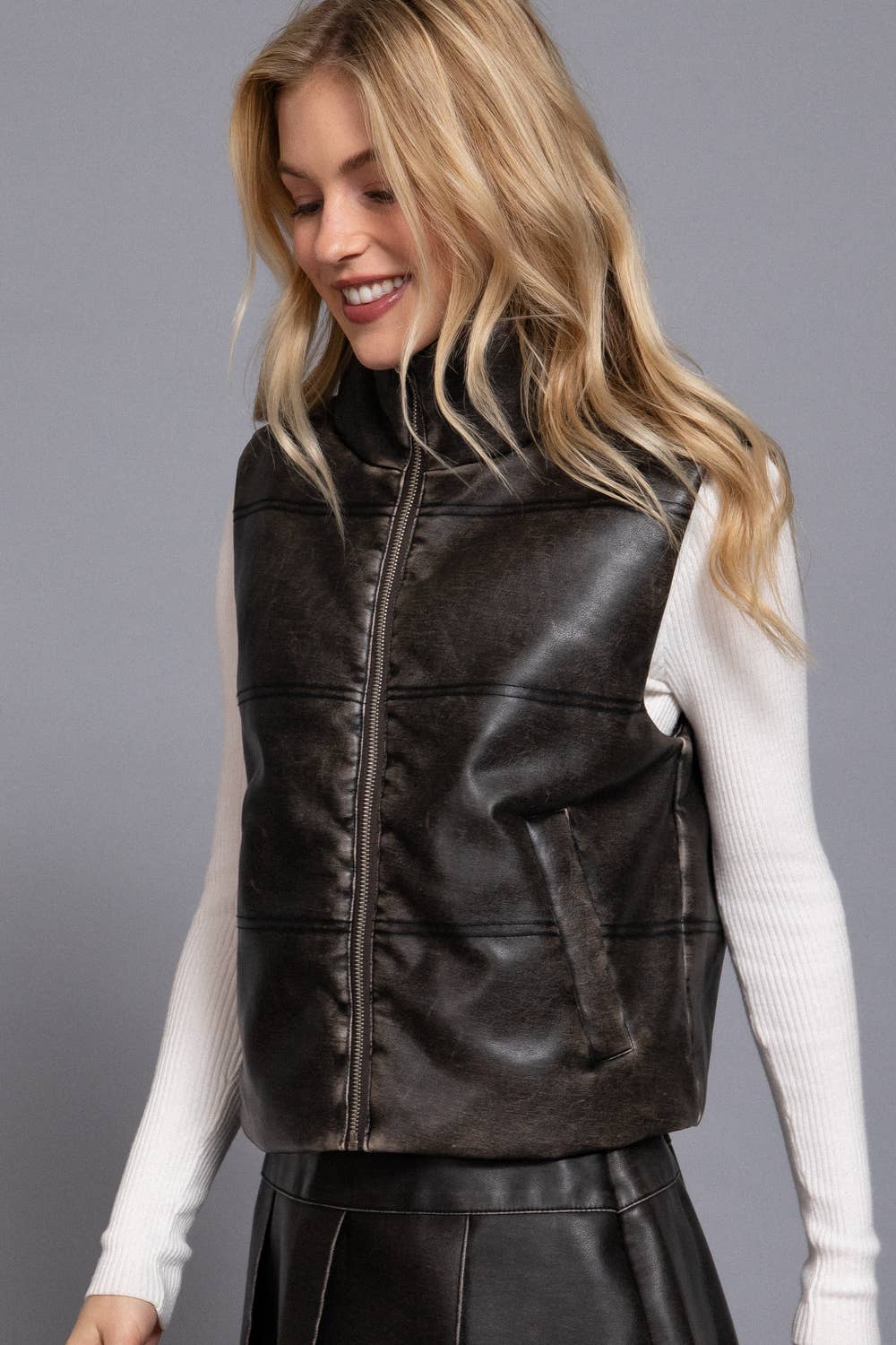 Faux Leather Zip-Up Vest – Matte Black