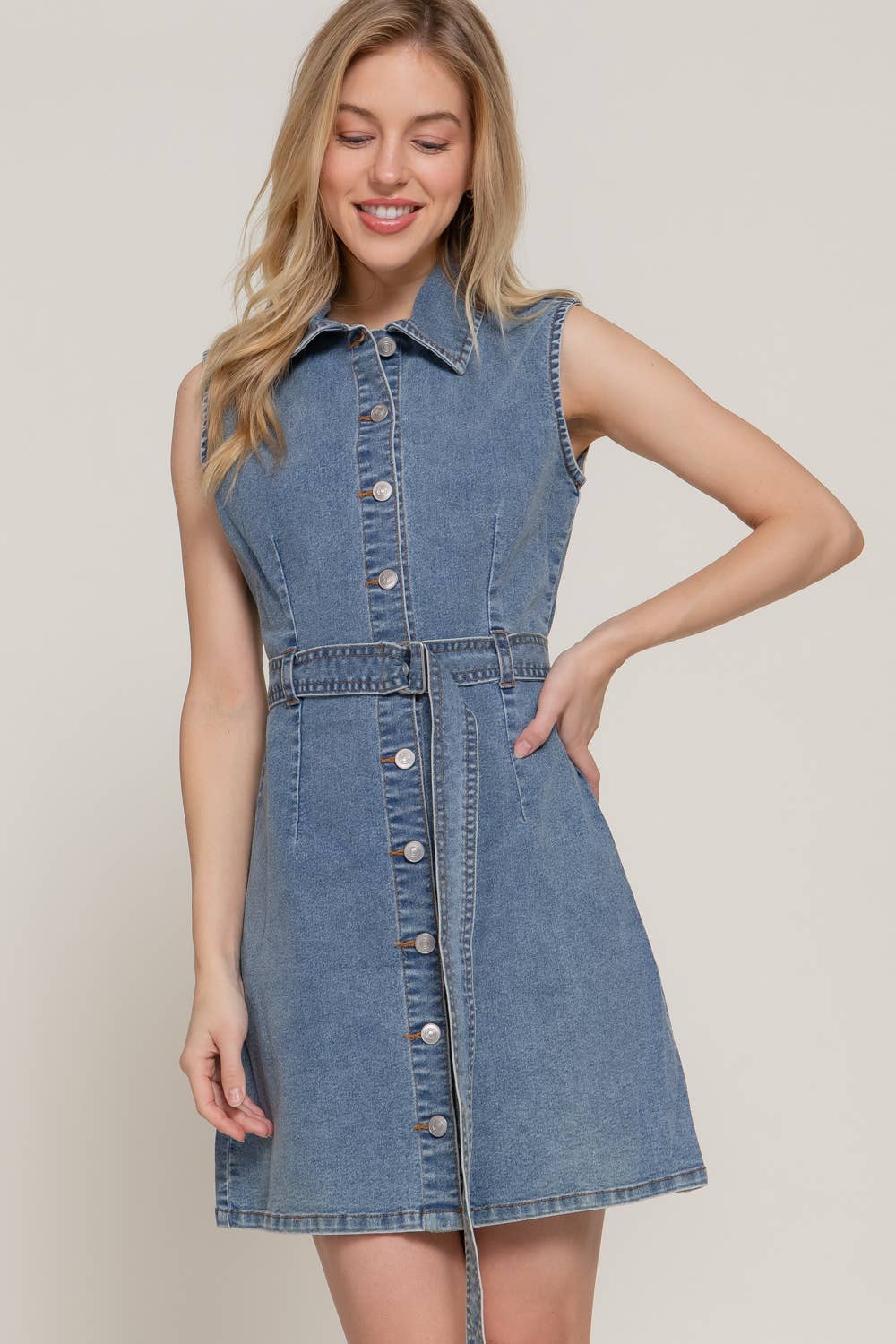 Sleeveless Button-Front Denim Dress