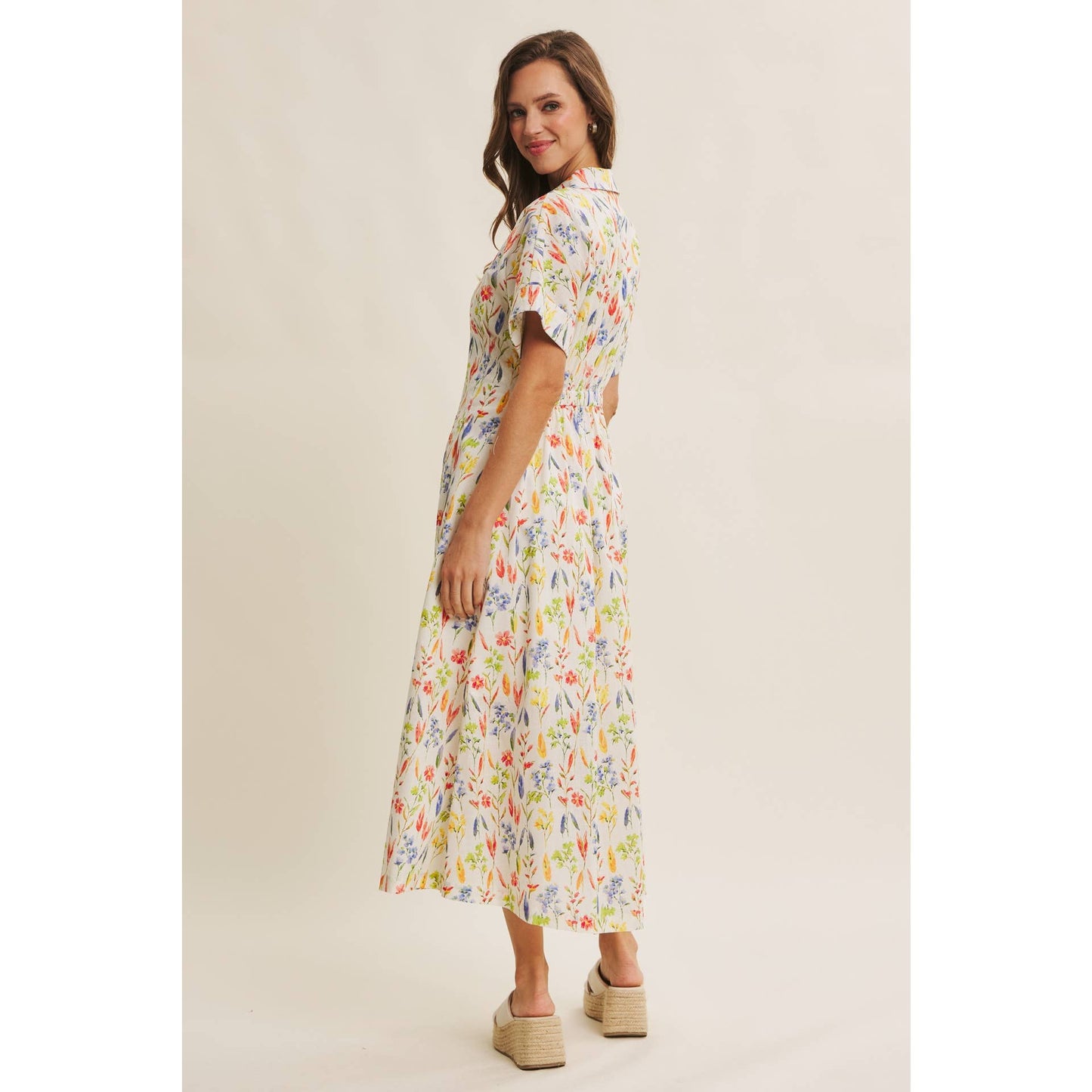 Romantic Floral Pleated Waist Button-Down Midi Dress