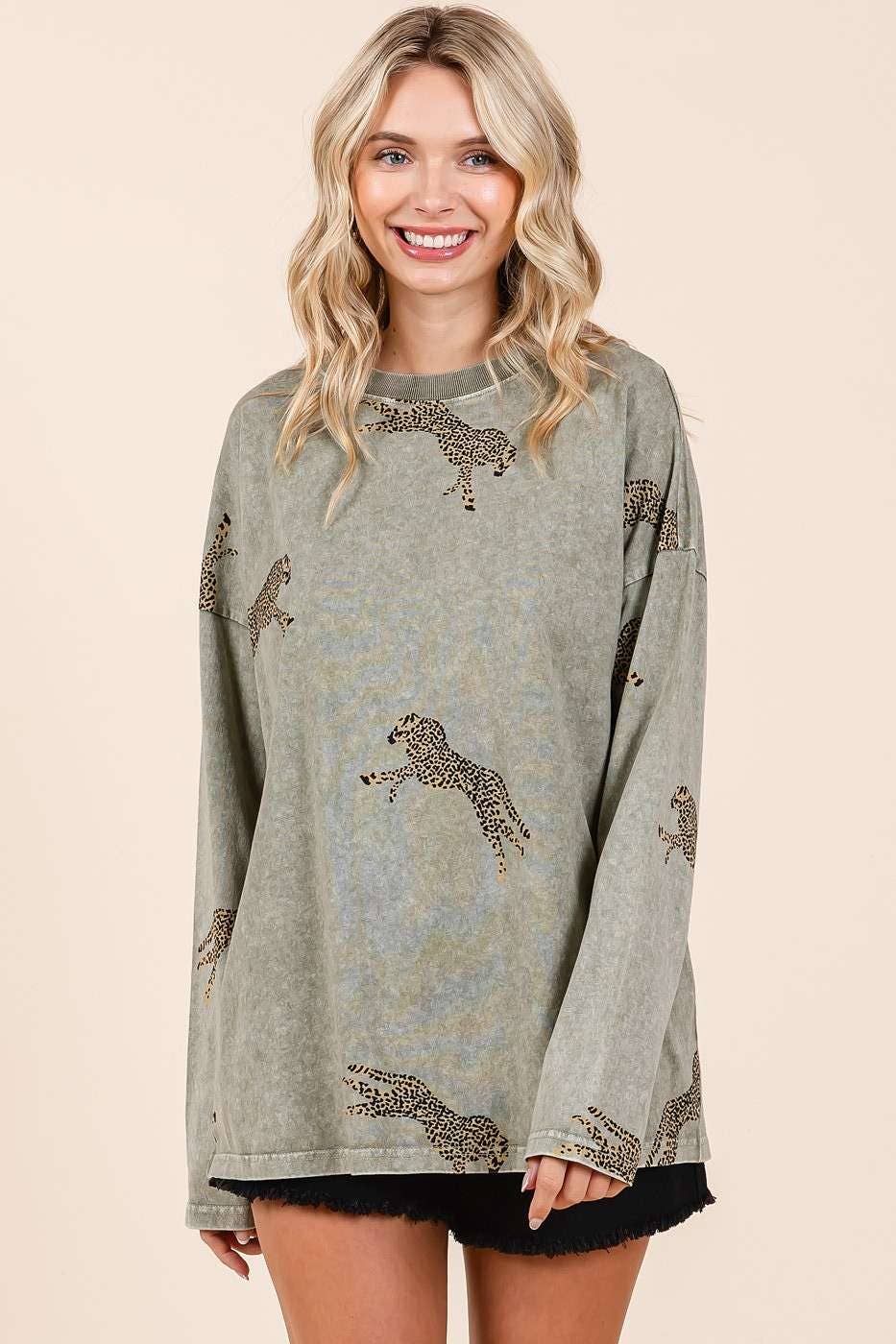 Mineral Wash Long Sleeve Cheetah Print Shirt