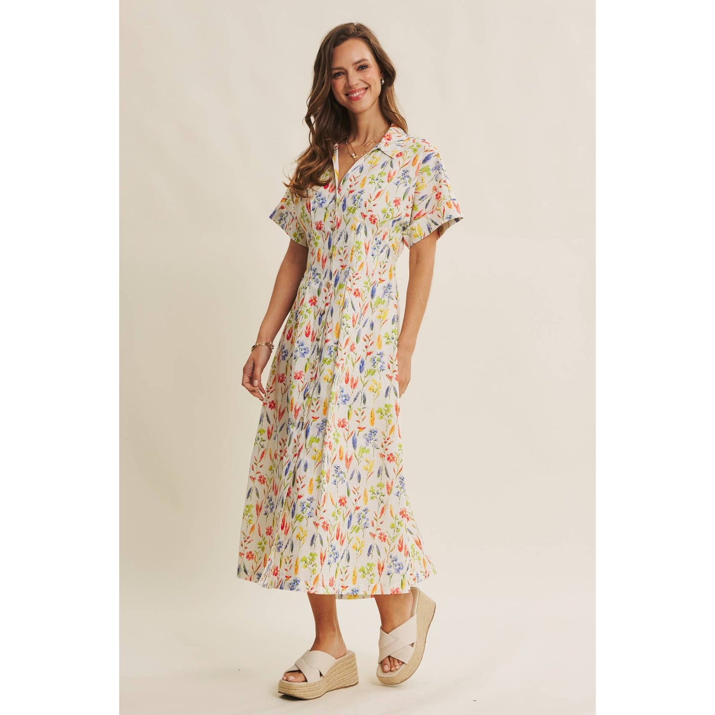 Romantic Floral Pleated Waist Button-Down Midi Dress