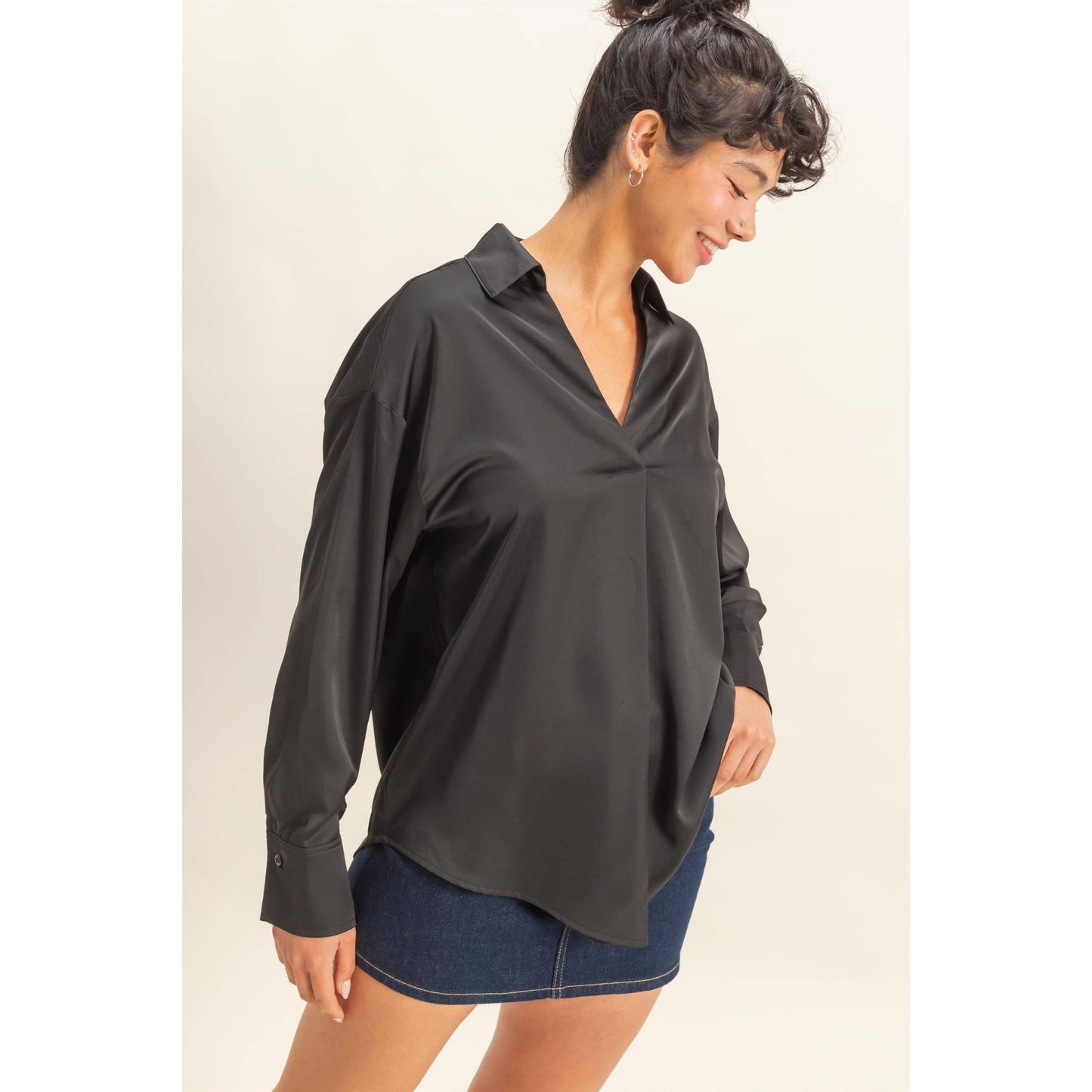Collared V-Neck Satin Blouse