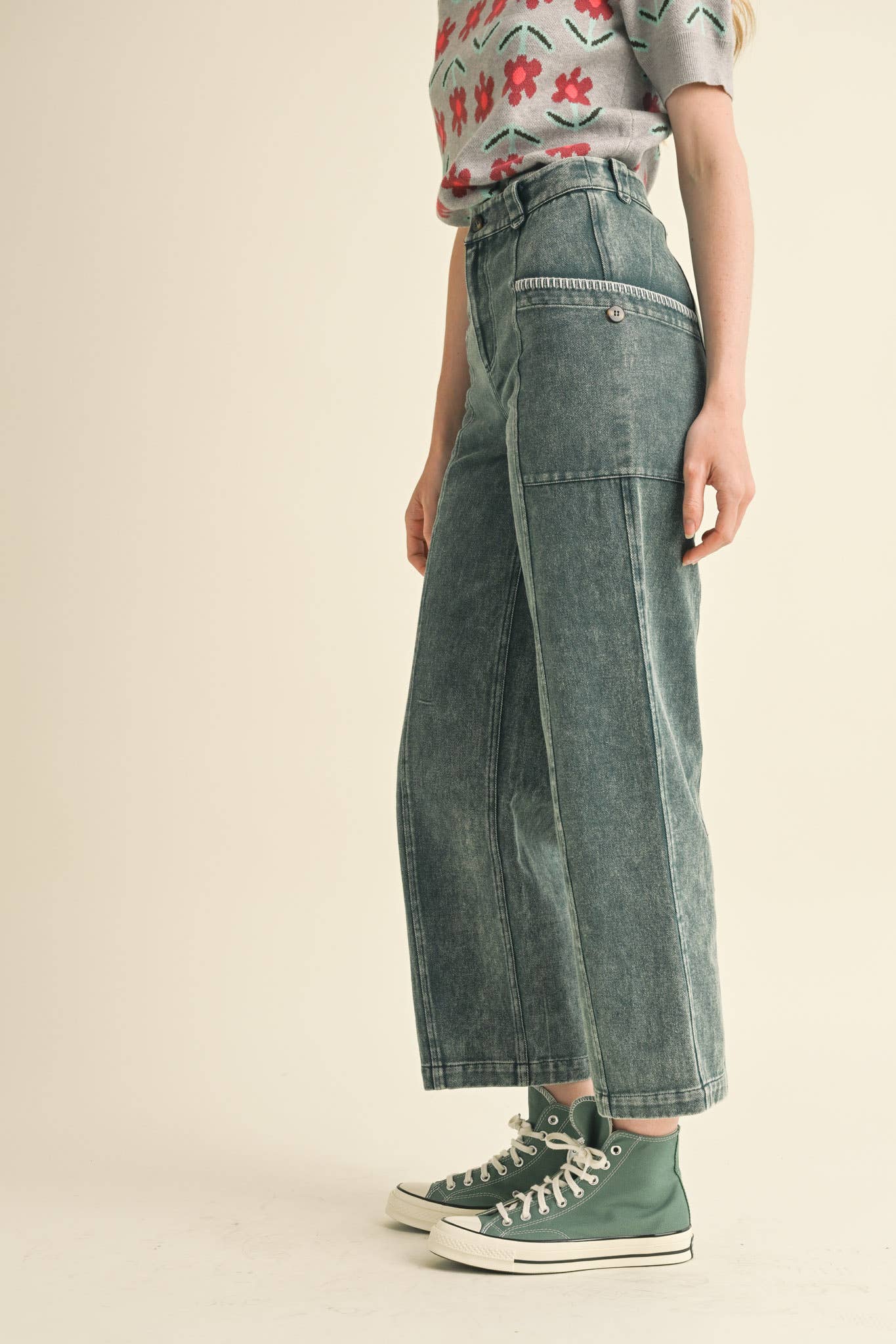 Scallop Stitch Straight Leg Pants: Hunter Green